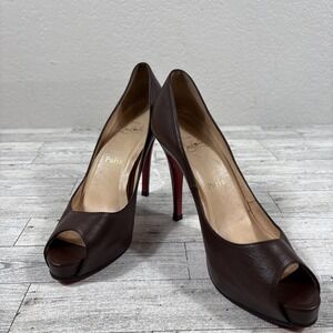 Christian Louboutin Brown Leather Very Prive Peep Toe Platform Pumps Size 38 1/2